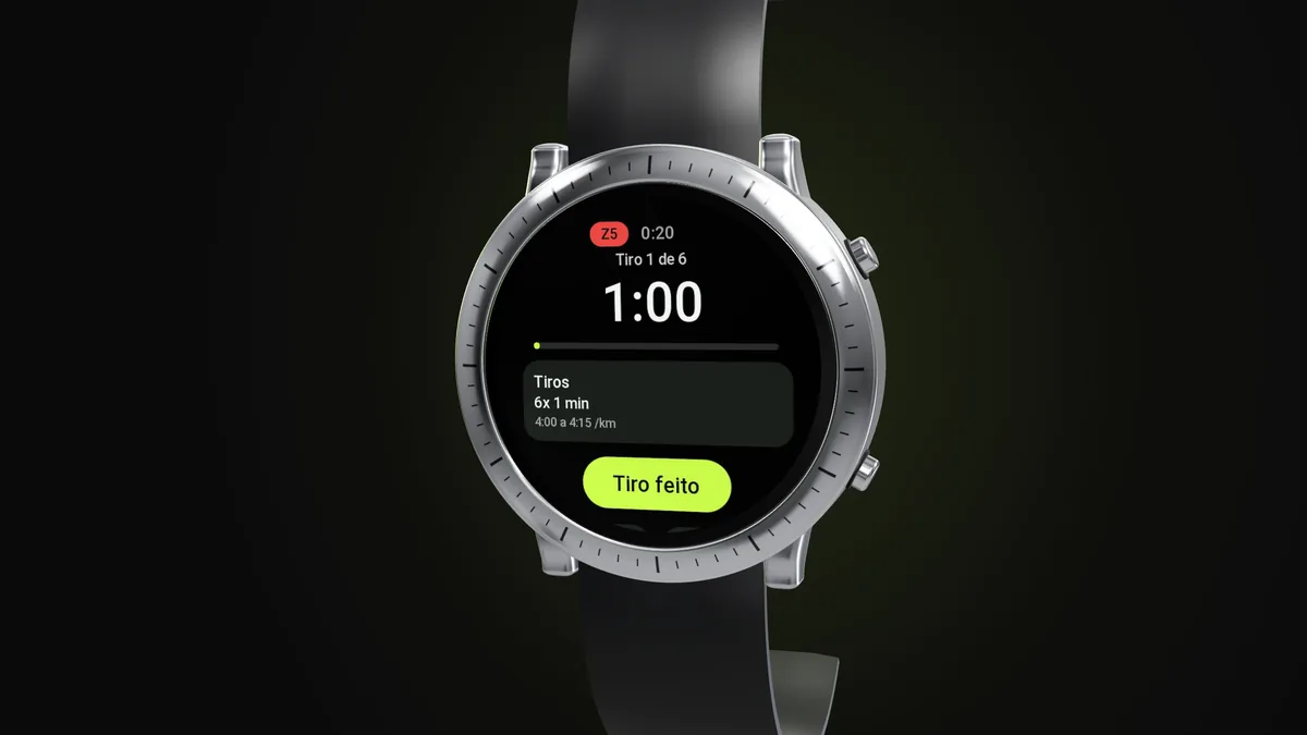 Relógio Amazfit com o app da Welltrainer no tiro 1 de 6 de um treino intervalado, na zona 5, com o cronômetro em 1:00