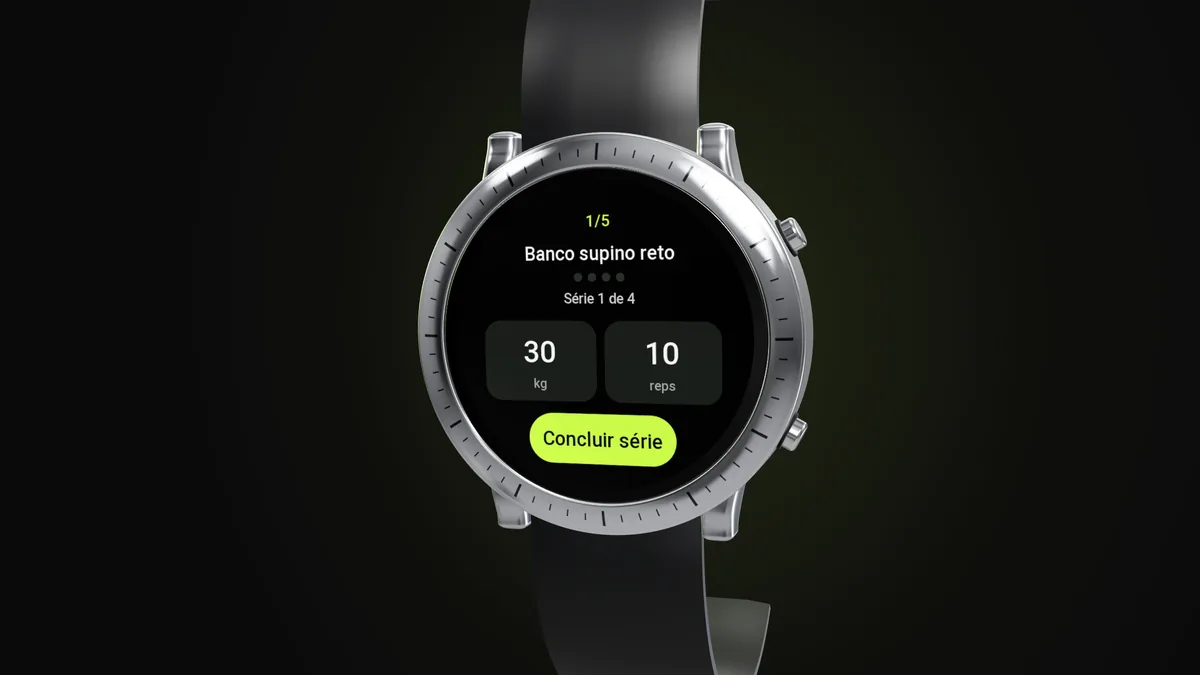Relógio Amazfit com o app da Welltrainer na série 1 de 4 do Banco supino reto, 30 kg e 10 repetições