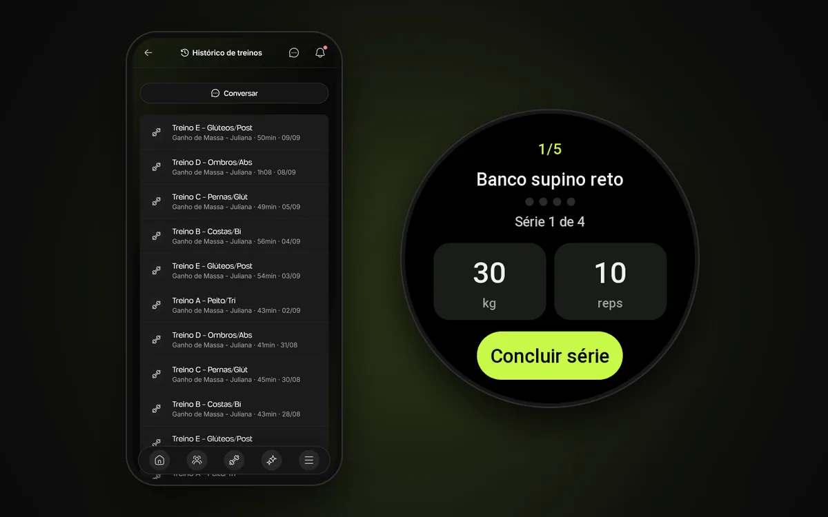 O histórico de treinos da aluna no app da Welltrainer no celular, ao lado do Amazfit na série 1 de 4 do Banco supino reto, com 30 kg e 10 repetições