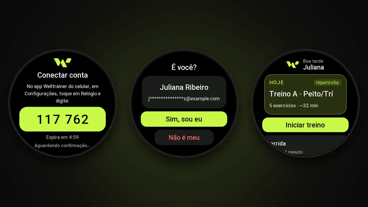Três telas para conectar o Amazfit à Welltrainer: o código de 6 números para digitar no app do celular, a confirmação É você? com o nome da aluna e a home com o treino do dia