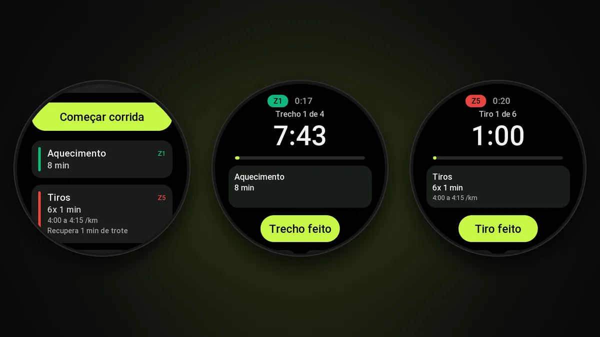 Três telas do app da Welltrainer no Amazfit em treino intervalado: os trechos da corrida com as zonas, o aquecimento contando na zona 1, trecho 1 de 4, em 7:43 e o tiro 1 de 6 na zona 5, em 1:00
