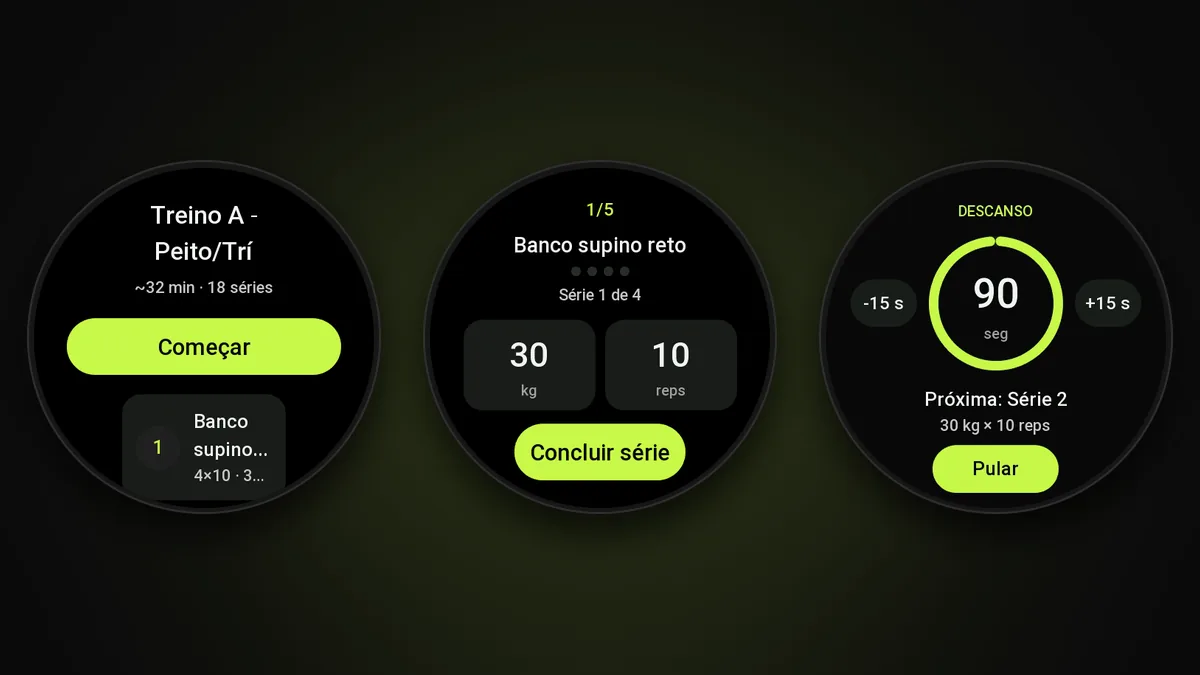 Três telas do app da Welltrainer no Amazfit na musculação: a lista do Treino A - Peito/Trí, a série 1 de 4 do supino com 30 kg e 10 repetições e o descanso de 90 segundos com a próxima série