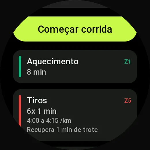 Trechos da corrida Tiros de 1 minuto no Amazfit: o botão Começar corrida, o aquecimento de 8 min na zona 1 e 6 tiros de 1 min na zona 5, de 4:00 a 4:15 por km, com 1 min de trote para recuperar