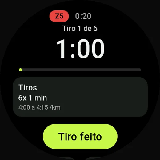 Tiro 1 de 6 no Amazfit: zona 5, cronômetro em 1:00, o ritmo de 4:00 a 4:15 por km e o botão Tiro feito