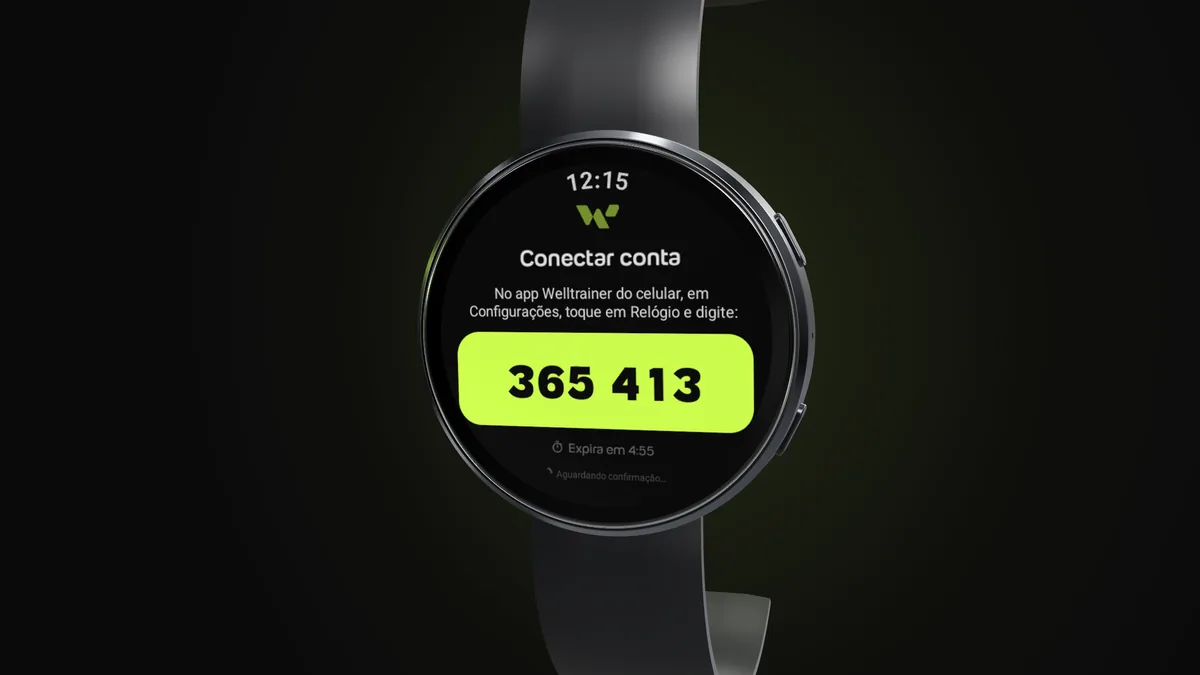 Galaxy Watch com a tela Conectar conta do app da Welltrainer e o código de 6 números para digitar no app do celular