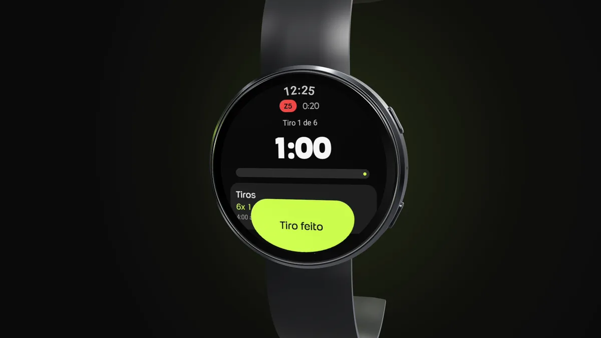 Galaxy Watch com o app da Welltrainer no tiro 1 de 6 de um treino intervalado, na zona 5, com o cronômetro em 1:00