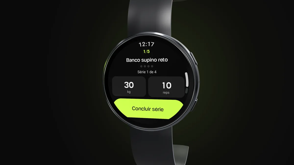 Galaxy Watch com o app da Welltrainer na série 1 de 4 do Banco supino reto, 30 kg e 10 repetições