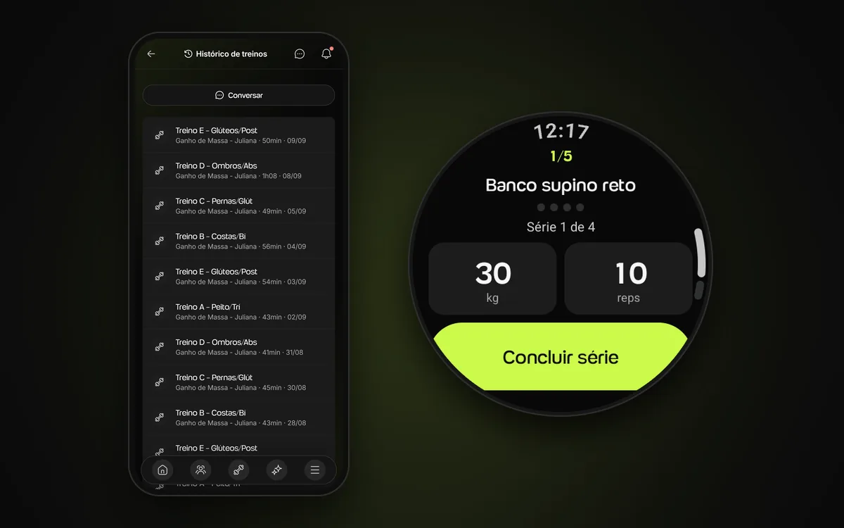 O histórico de treinos da aluna no app da Welltrainer no celular, ao lado do Galaxy Watch na série 1 de 4 do Banco supino reto, com 30 kg e 10 repetições