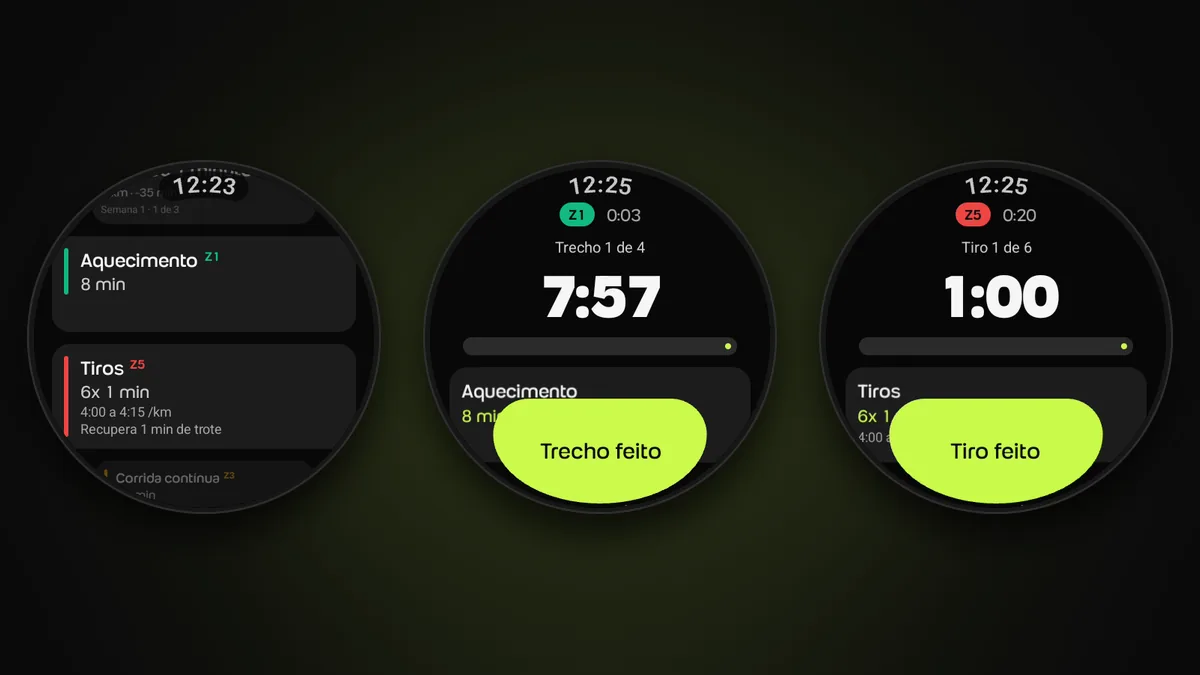Três telas do app da Welltrainer no Galaxy Watch em treino intervalado: os trechos da corrida com as zonas, o aquecimento contando na zona 1, trecho 1 de 4, em 7:57 e o tiro 1 de 6 na zona 5, em 1:00