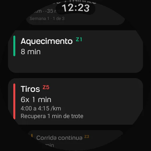 Trechos da corrida Tiros de 1 minuto no Galaxy Watch: aquecimento de 8 min na zona 1, 6 tiros de 1 min na zona 5, de 4:00 a 4:15 por km, com 1 min de trote para recuperar, e o começo da corrida contínua na zona 3