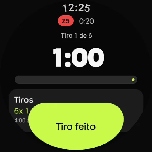 Tiro 1 de 6 no Galaxy Watch: zona 5, cronômetro em 1:00, o ritmo de 4:00 a 4:15 por km e o botão Tiro feito