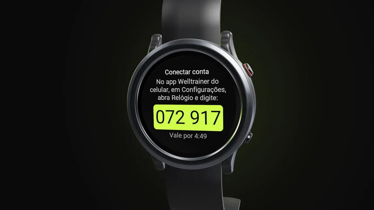 Relógio Garmin com a tela Conectar conta do app da Welltrainer e o código de 6 números para digitar no app do celular
