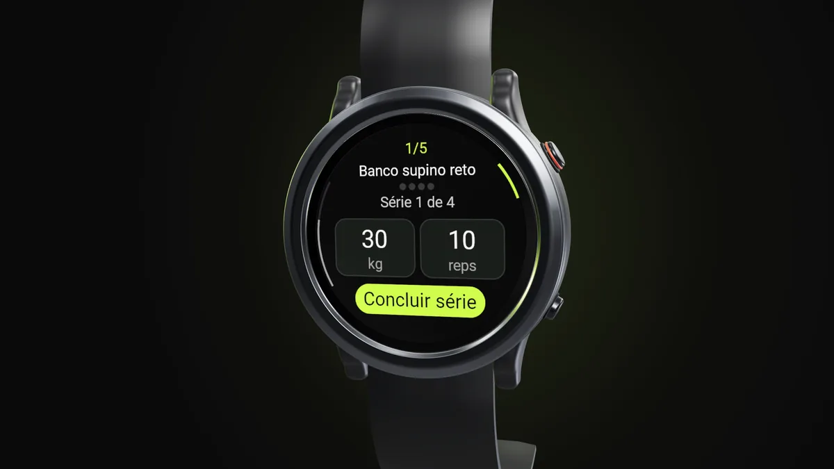 Relógio Garmin com o app da Welltrainer na série 1 de 4 do Banco supino reto, 30 kg e 10 repetições