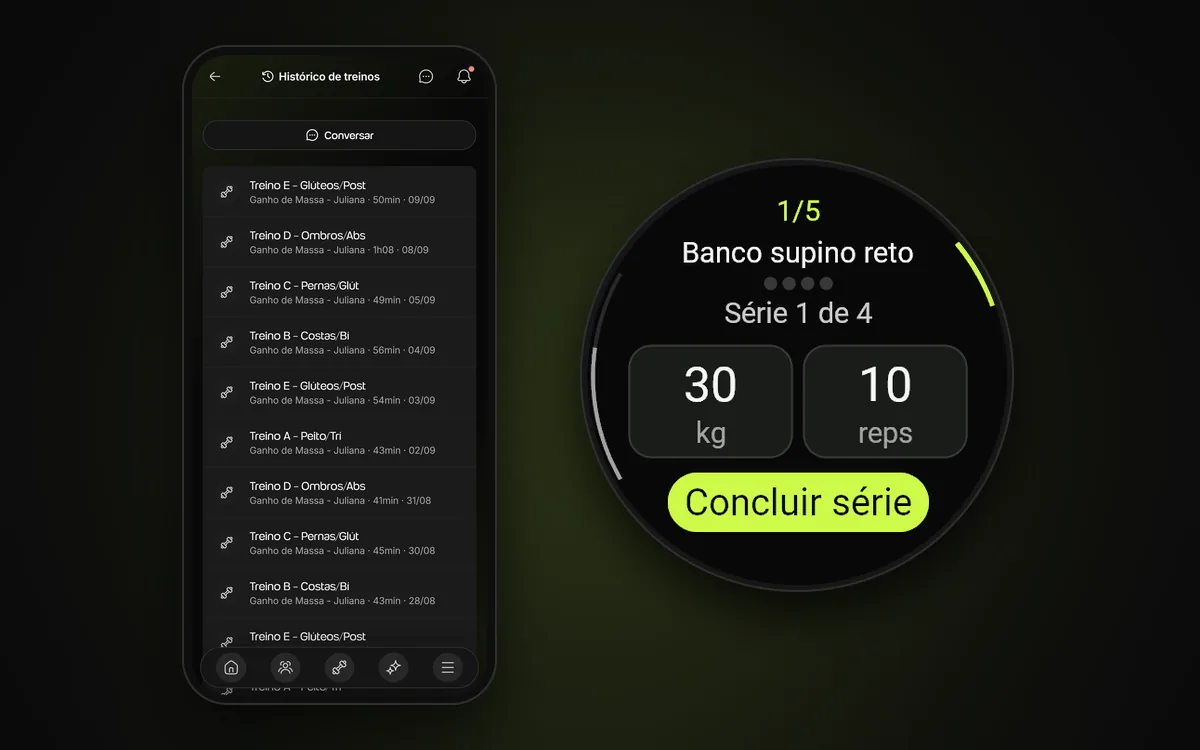 O histórico de treinos da aluna no app da Welltrainer no celular, ao lado do Garmin na série 1 de 4 do Banco supino reto, com 30 kg e 10 repetições