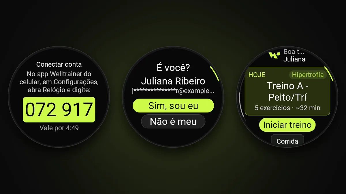Três telas para conectar o Garmin à Welltrainer: o código de 6 números para digitar no app do celular, a confirmação É você? com o nome da aluna e a home com o treino do dia