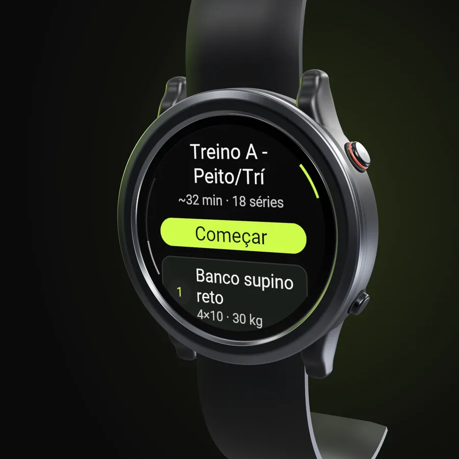 Relógio Garmin com o app da Welltrainer aberto no Treino A - Peito/Trí: cerca de 32 minutos, 18 séries, o botão Começar e o Banco supino reto 4x10 com 30 kg