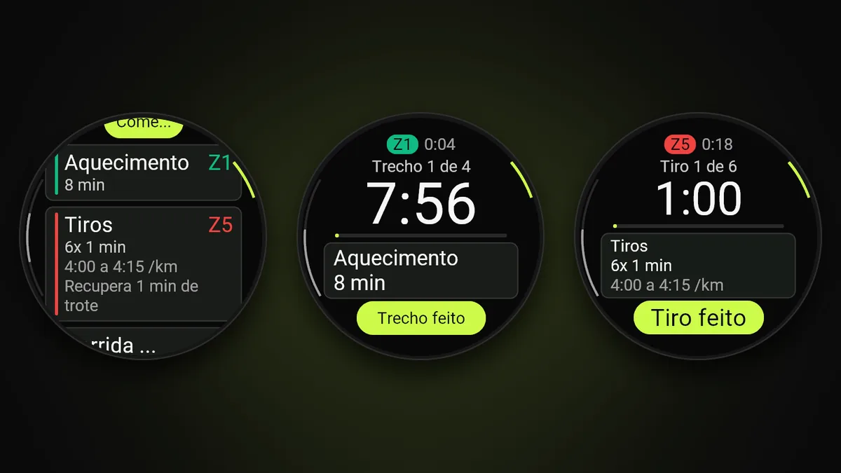 Três telas do app da Welltrainer no Garmin em treino intervalado: os trechos da corrida com as zonas, o aquecimento contando na zona 1, trecho 1 de 4, em 7:56 e o tiro 1 de 6 na zona 5, em 1:00