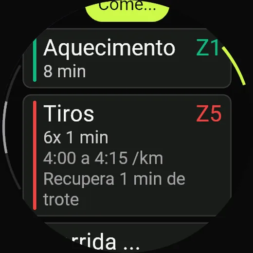 Trechos da corrida Tiros de 1 minuto no Garmin: aquecimento de 8 min na zona 1 e 6 tiros de 1 min na zona 5, de 4:00 a 4:15 por km, com 1 min de trote para recuperar