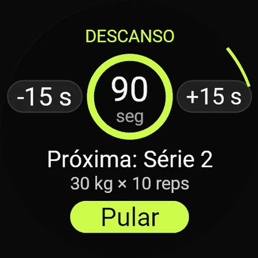 Descanso no Garmin: 90 segundos contando, os botões -15 s e +15 s, a próxima série, Série 2 com 30 kg e 10 repetições, e o botão Pular