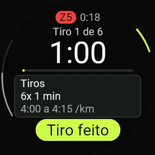 Tiro 1 de 6 no Garmin: zona 5, cronômetro em 1:00, o ritmo de 4:00 a 4:15 por km e o botão Tiro feito