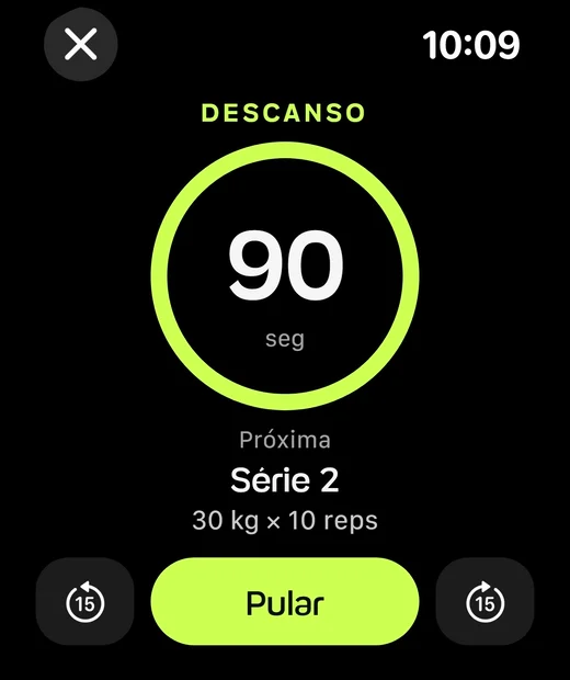 O descanso no Apple Watch: 90 segundos no anel, com a próxima série e o botão Pular