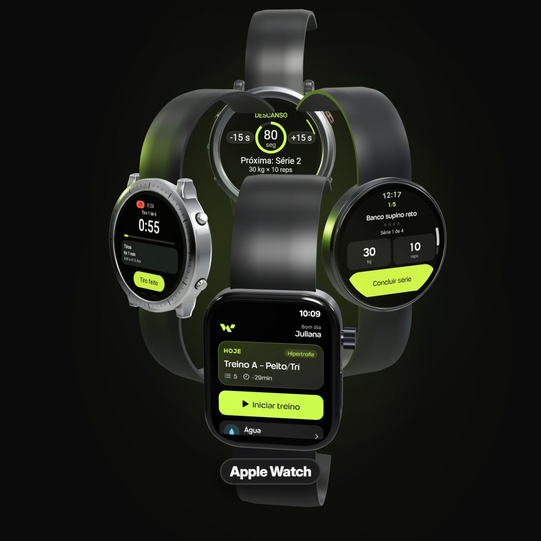 O app do aluno da Welltrainer no Apple Watch, no Galaxy Watch, no Garmin e no Amazfit