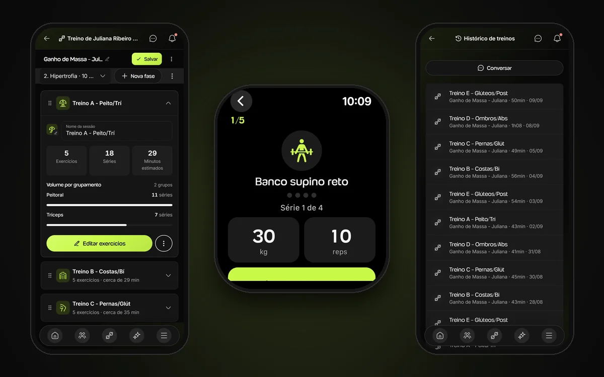 O treino montado pelo personal no celular, o mesmo treino executado no Apple Watch do aluno e o histórico de treinos dele no app
