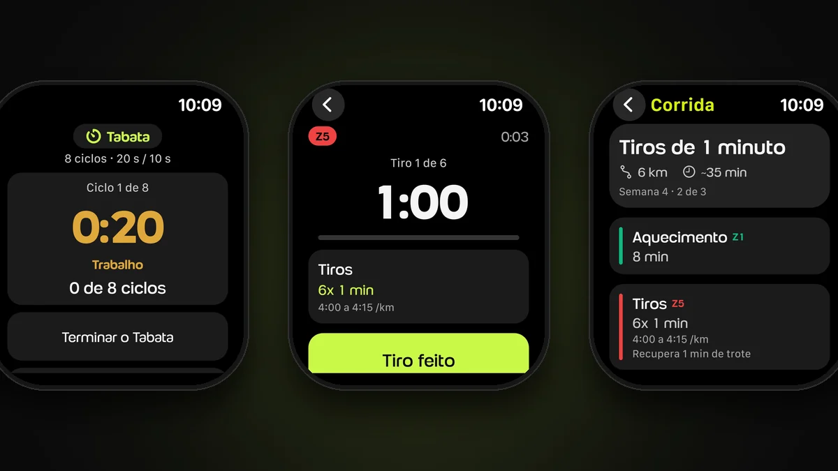 Três telas do Welltrainer: Watch em treino intervalado: o Tabata no ciclo 1 de 8, o tiro 1 de 6 na zona 5 e os trechos da corrida com aquecimento e tiros