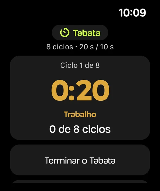 Tabata no Apple Watch: ciclo 1 de 8, 0:20 de trabalho, com 20 s de trabalho e 10 s de descanso