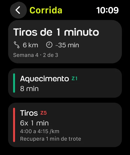 Corrida Tiros de 1 minuto no Apple Watch: 6 km, cerca de 35 minutos, aquecimento de 8 min na Z1 e 6 tiros de 1 min na Z5
